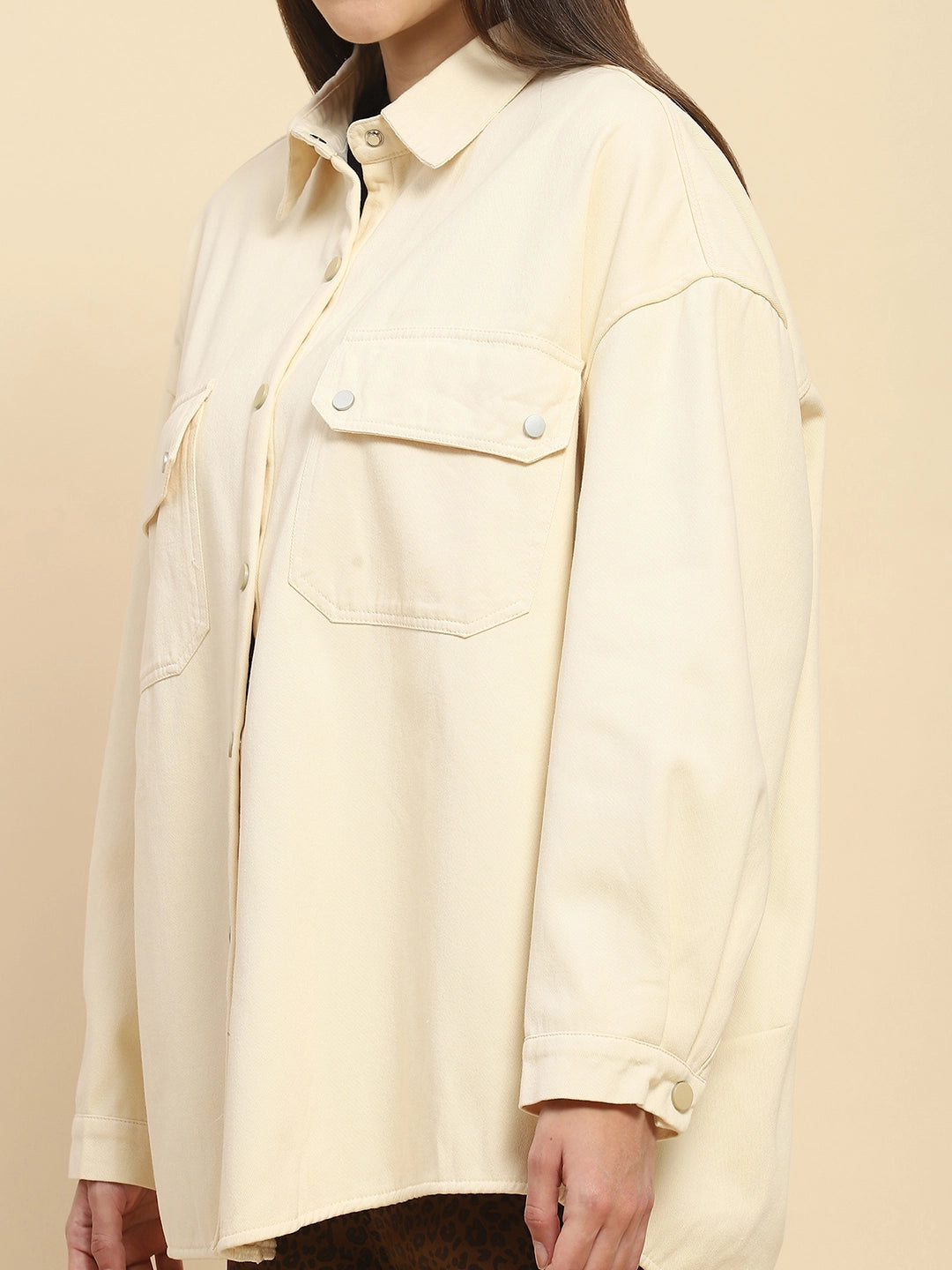 Off White Oversized Fleece Winter Shacket - Global Republic