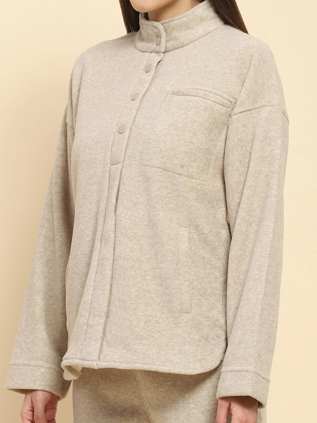 Beige Solid Relaxed Winter Nightsuit - Global Republic