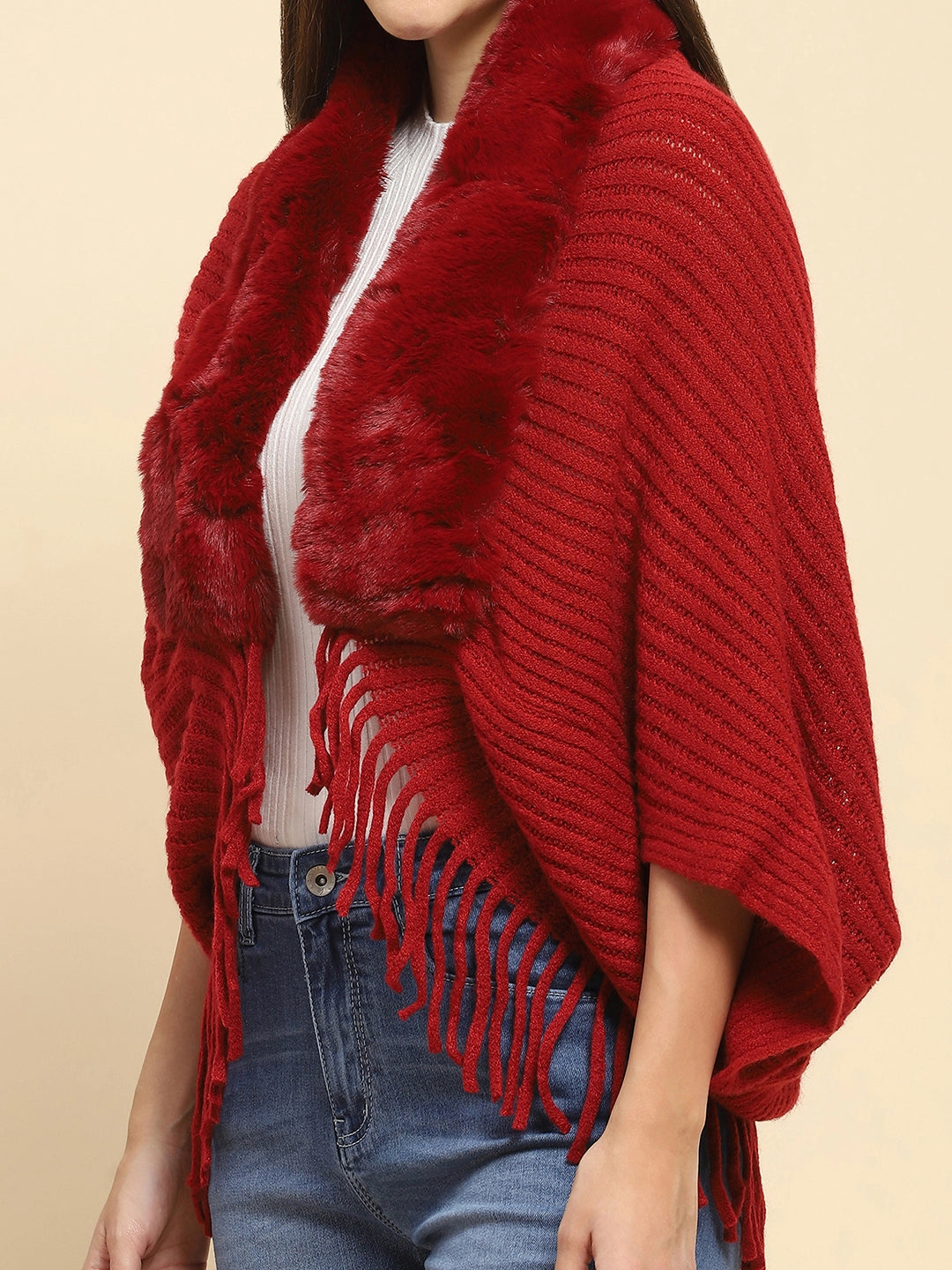 Maroon Acrylic Knitted Cape - Global Republic