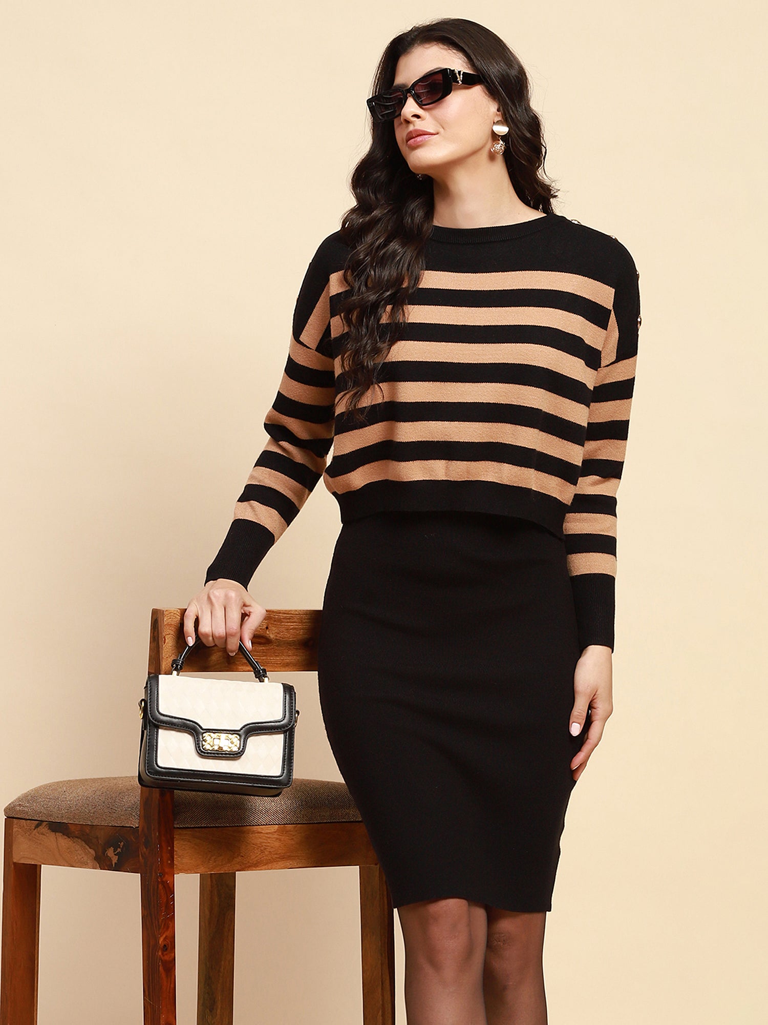 Beige Viscose Blend Boxy Fit Crop Pullover With Dress For Women (Combo Set) -Testing - Global Republic