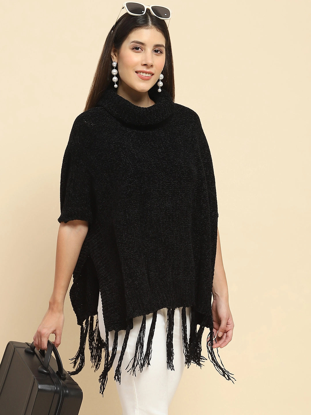 Black Wool Blend Loose Poncho - Global Republic