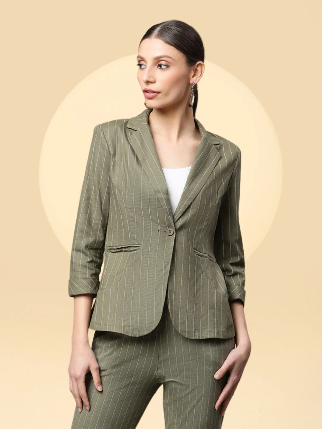 Women Olive Green White Vertical Lines Formal Blazer