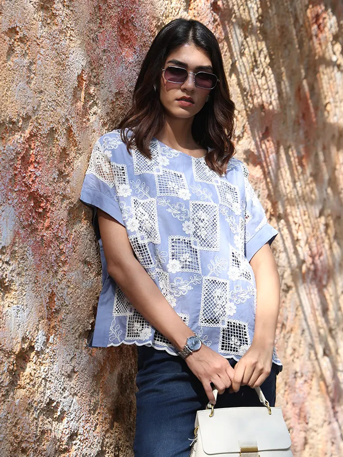 Blue Embroidered Cotton Boxy Blouse - Global Republic
