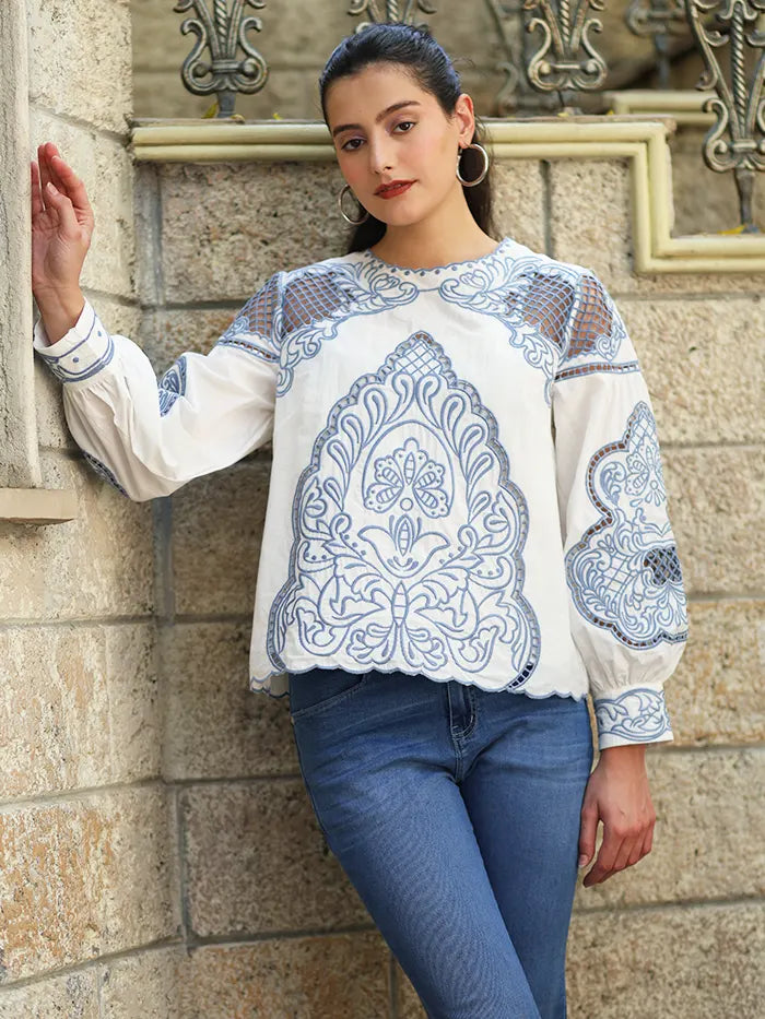 White Cut Work Embroidered Top - Global Republic