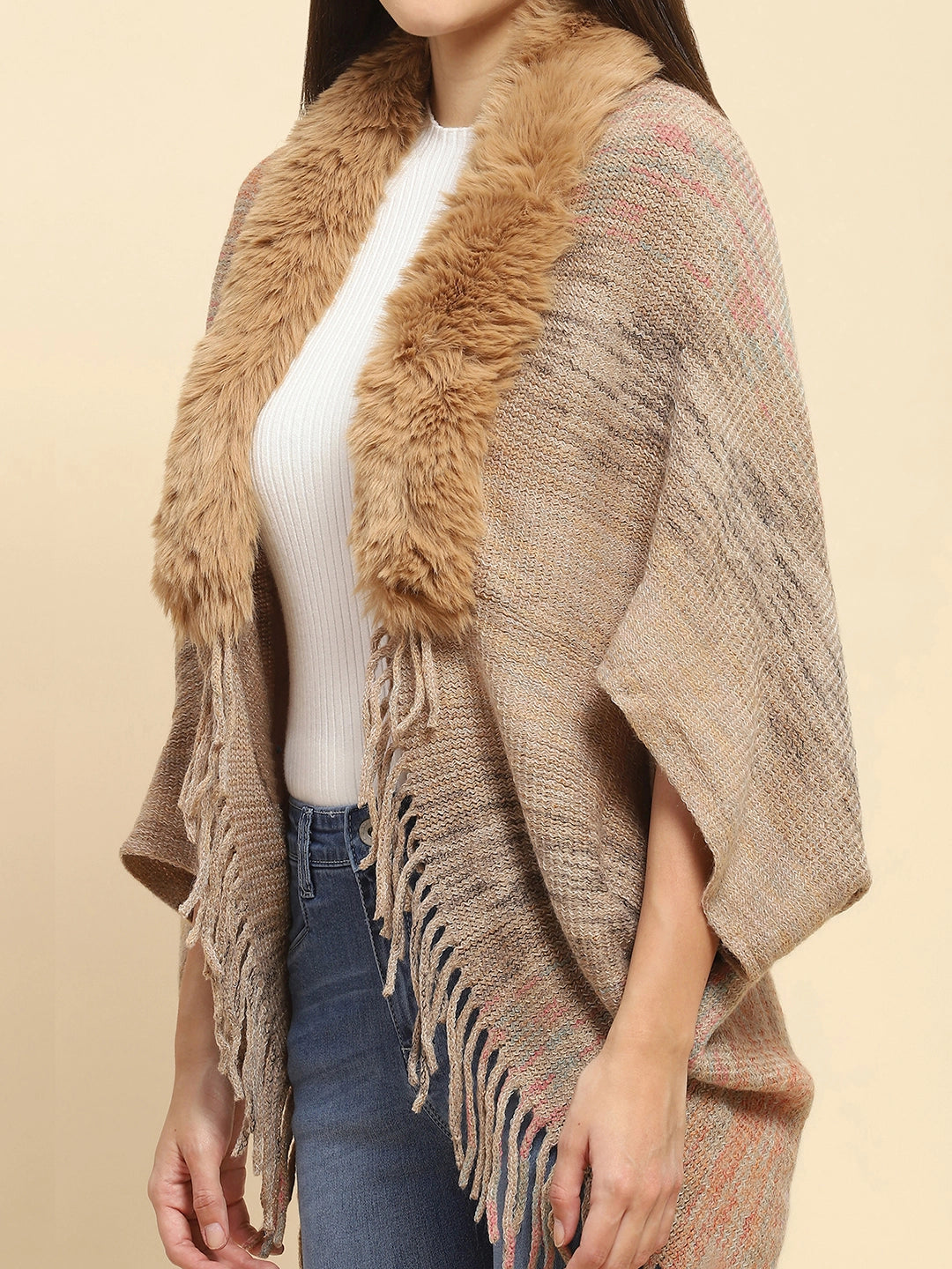 Khaki Mélange Acrylic Knitted Relaxed Fit Cape - Global Republic