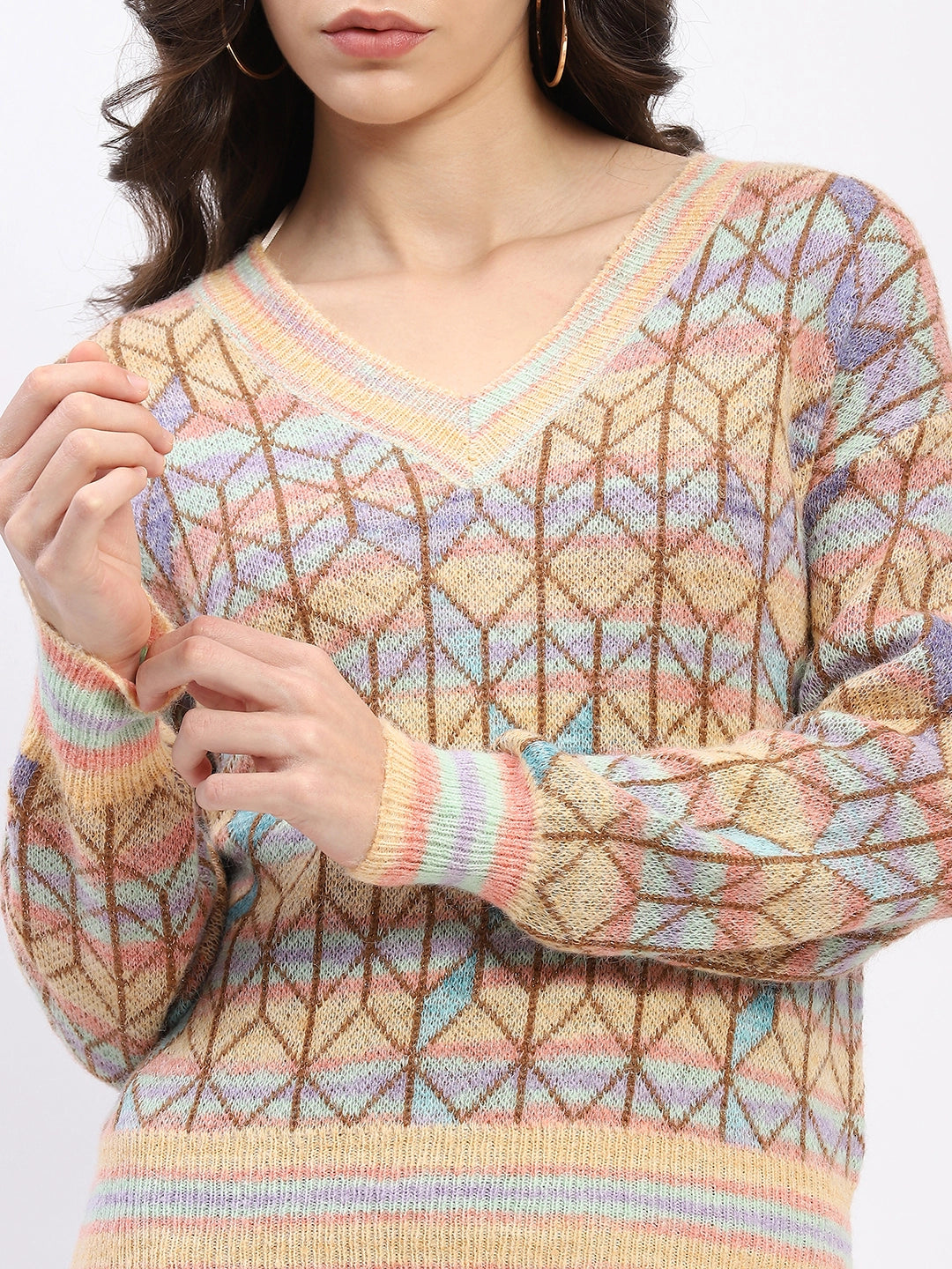 Multicolor Geometric V-Neck Pullover - Global Republic