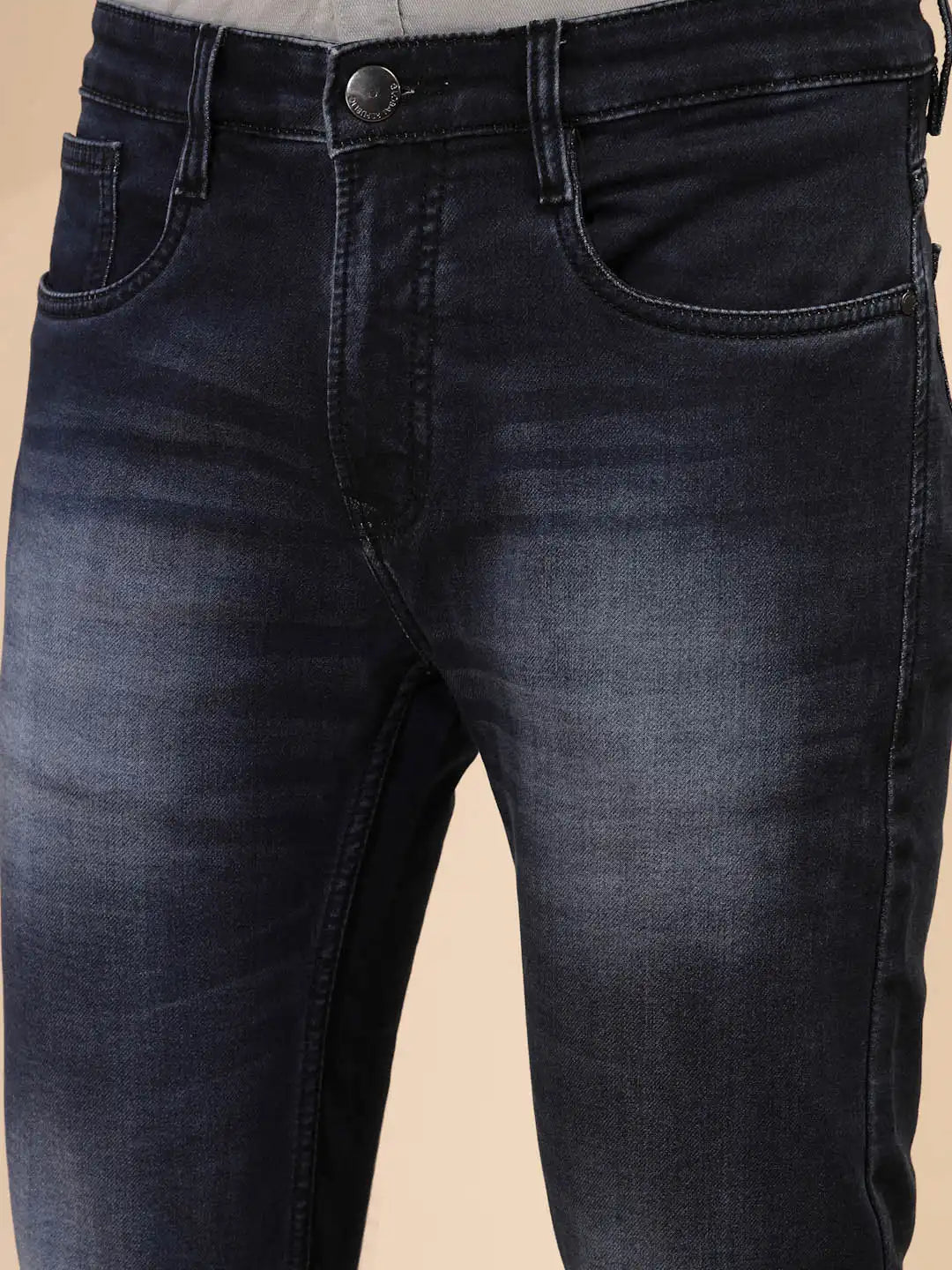 Solid Blue Mid Rise Cotton Blend Slim fit Jeans - Global Republic