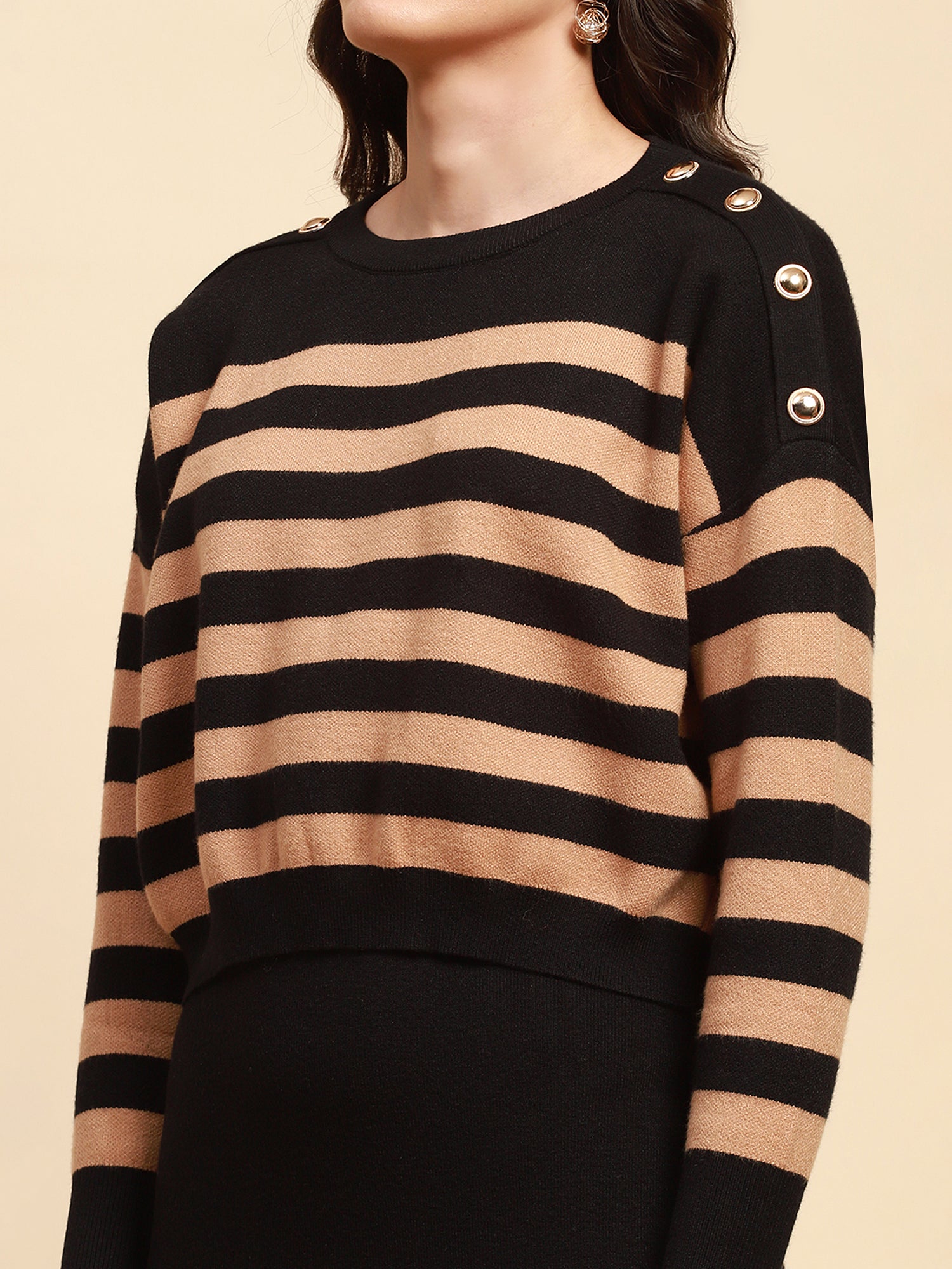 Beige Viscose Blend Boxy Fit Crop Pullover With Dress For Women (Combo Set) -Testing - Global Republic