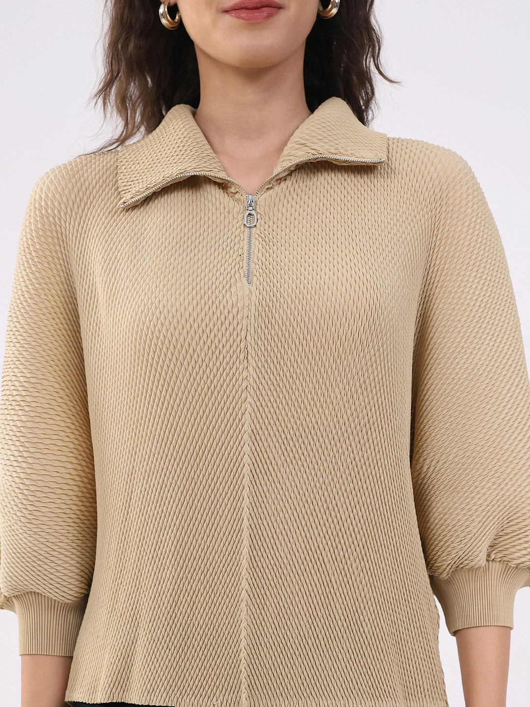 Beige Solid Pleated Blouson Top - Global Republic