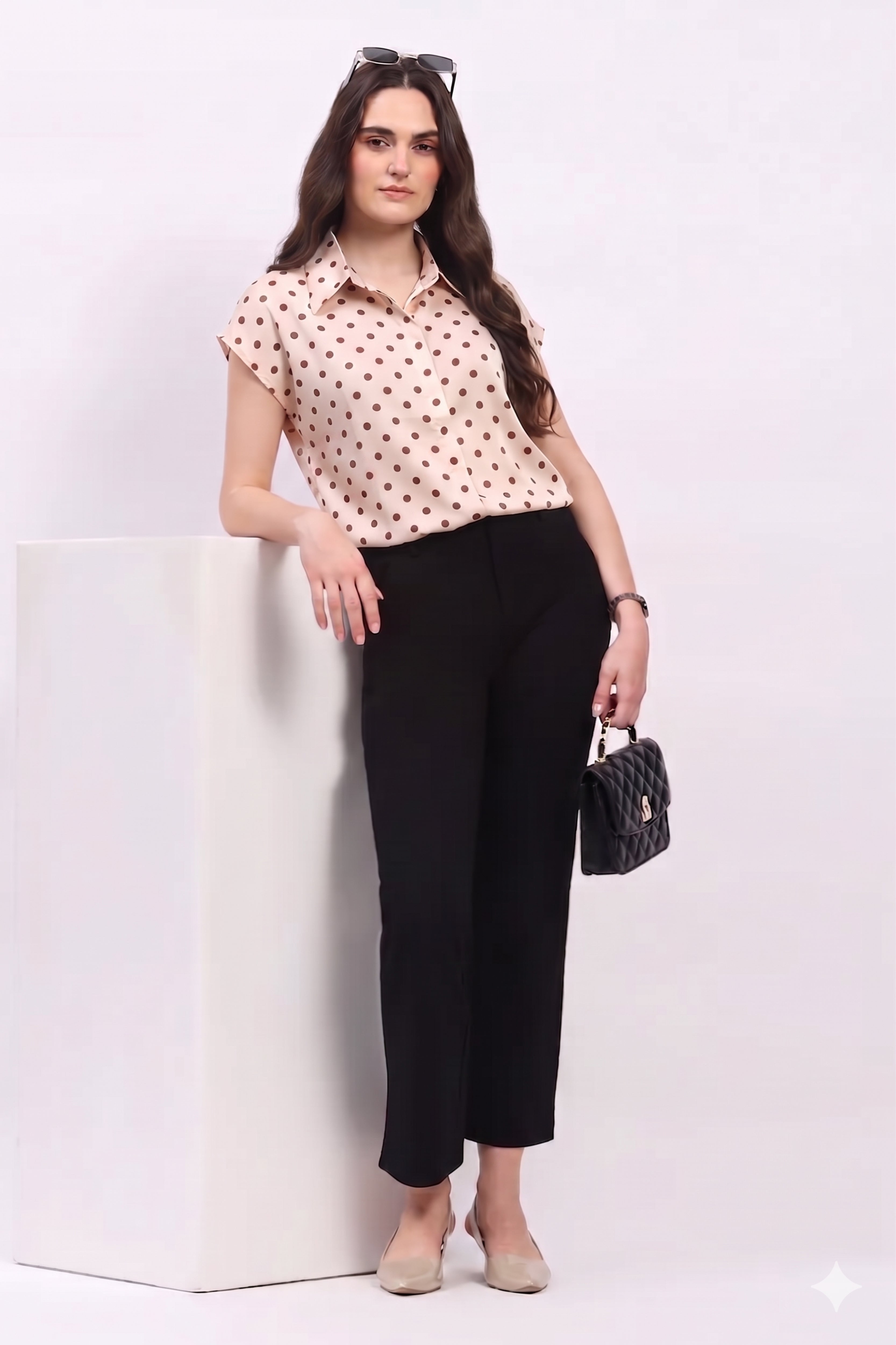 Cream Satin Blend Polka Dot Shirt