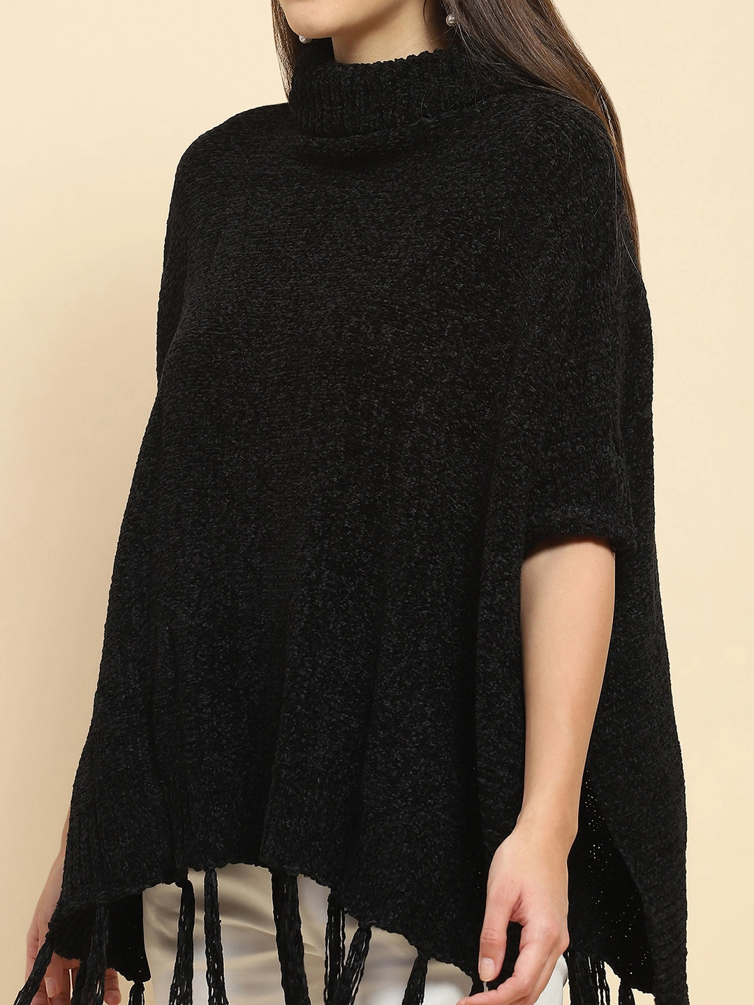 Black Wool Blend Loose Poncho - Global Republic