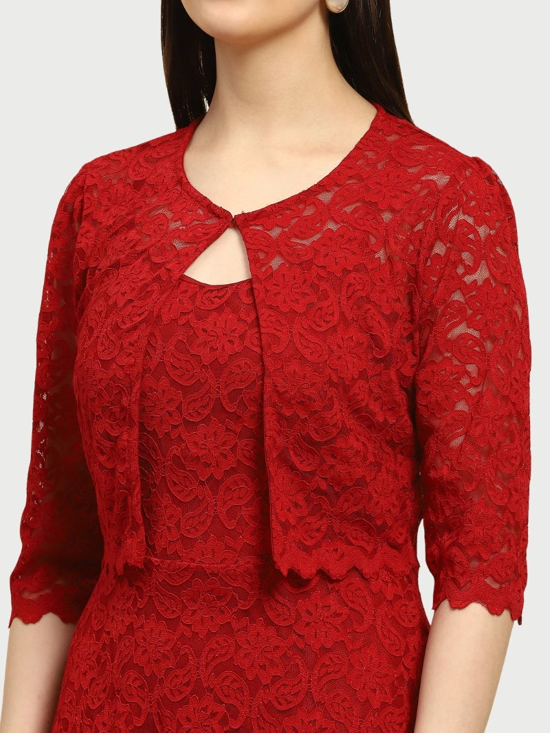 Maroon Floral Lace Fit & Flare Dress - Global Republic
