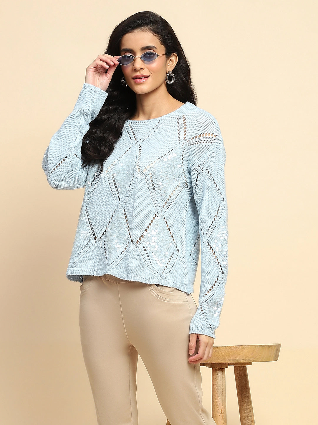 Blue Acrylic Relaxed Fit Winter Pullover - Global Republic