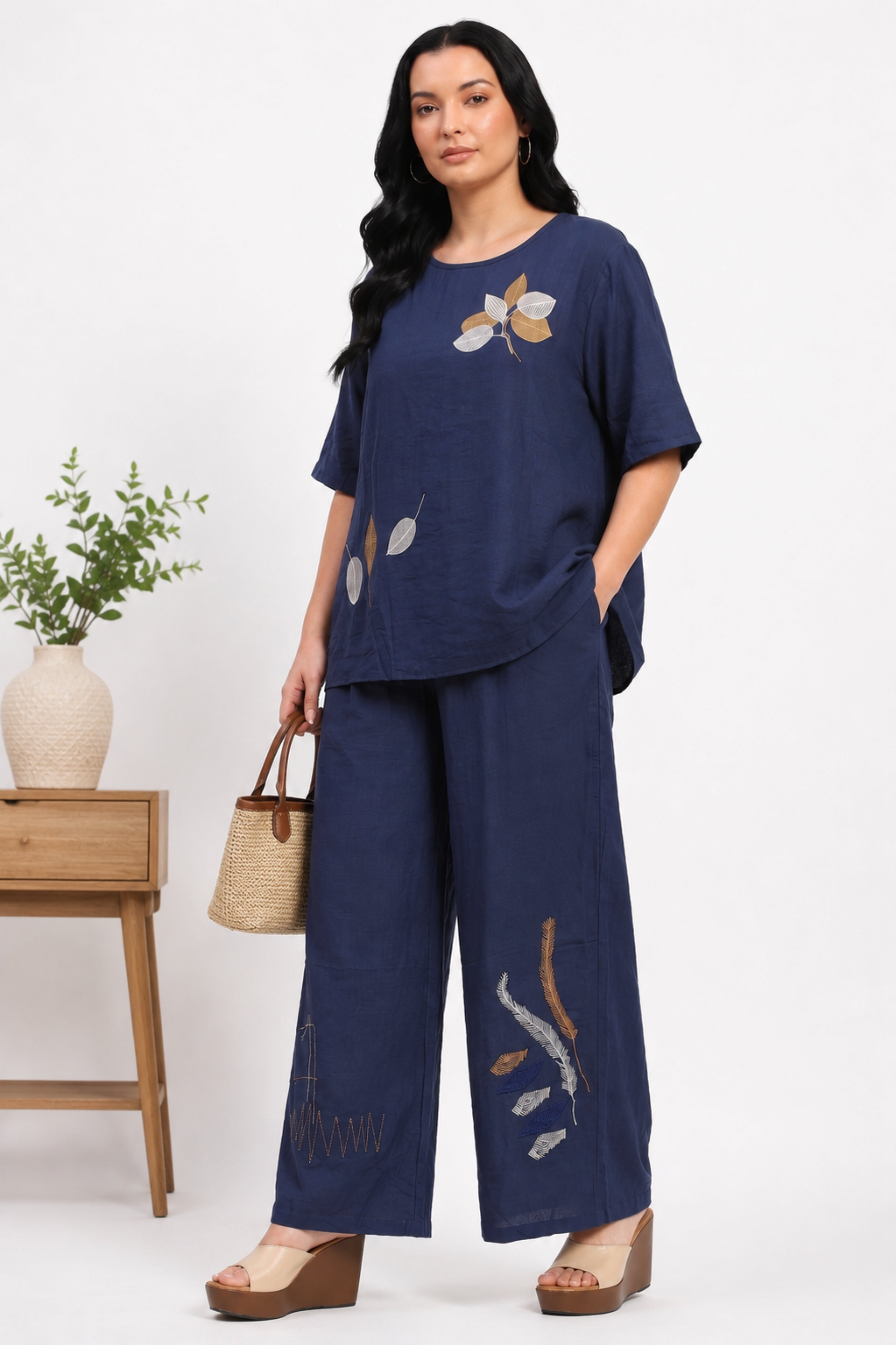 Navy Blue Leaf Embroidered Lounge Wear Set