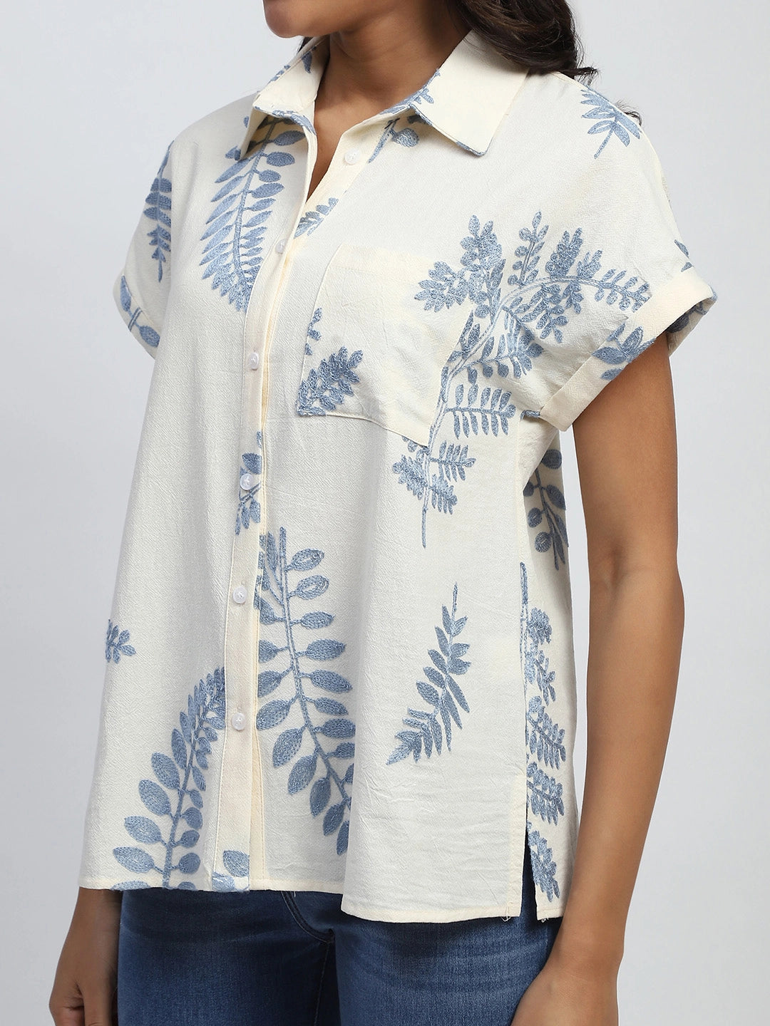Cream Thread Embroidered Cotton Shirt - Global Republic