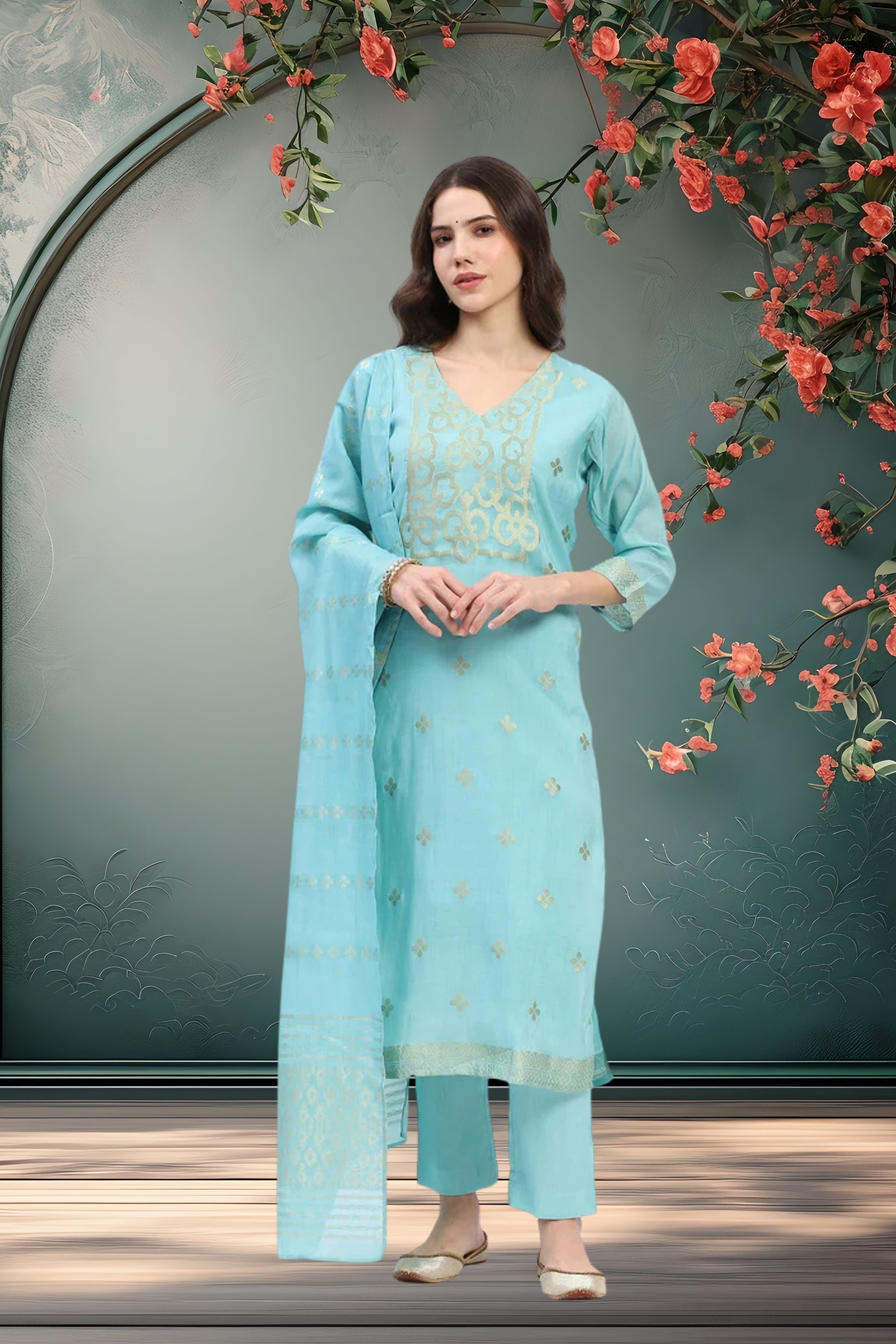 Ethnic Motif Chanderi Suit Set - Global Republic