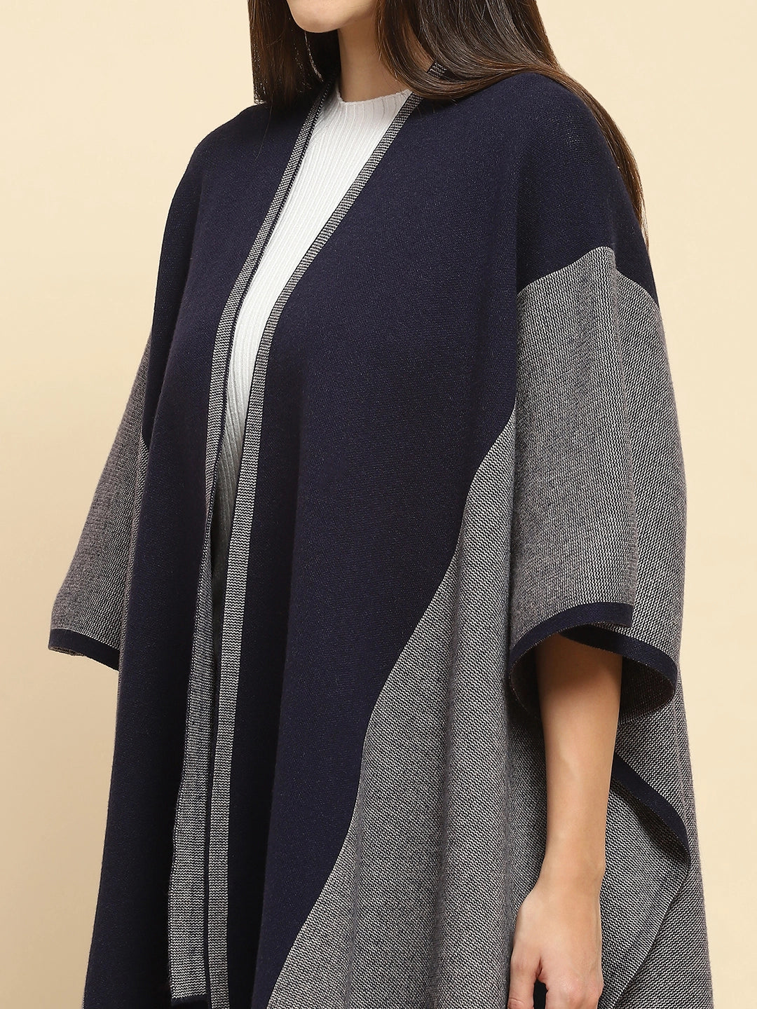 Navy Blue Wool Blend Winter Shrug - Global Republic