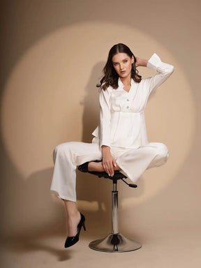 Women's Solid Collared Neck White Co-ord Set