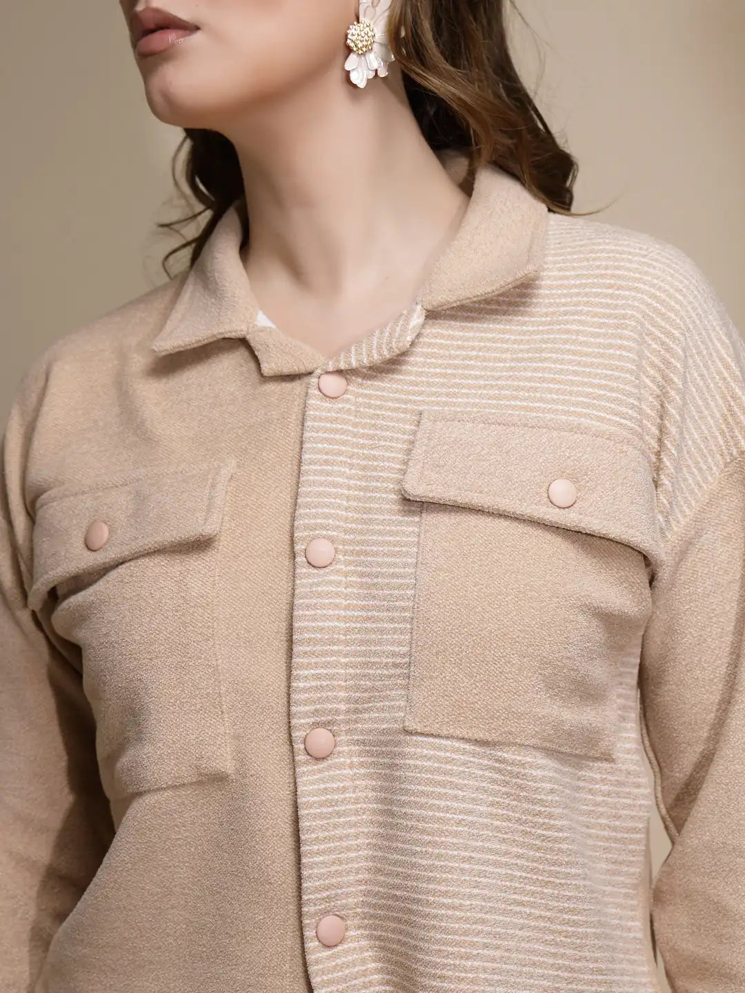 Beige Striped ester Co-ord Set - Global Republic