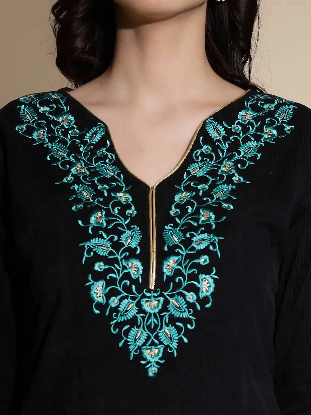 Black Embroidered Woolen Kurta - Global Republic