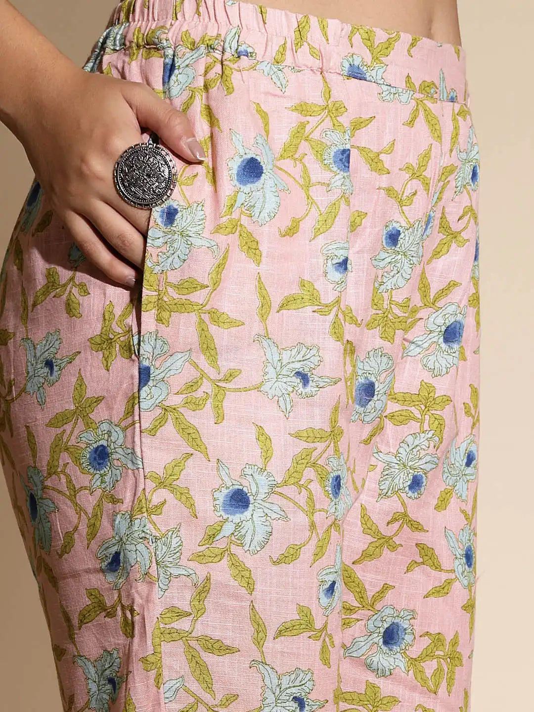 Peach Embellished Print Three Fourth Sleeve Cotton Kurta Set - Global Republic