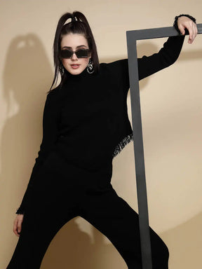 Black Solid Full Sleeve Turtle Neck Woolen Fringed Pullover Sweater