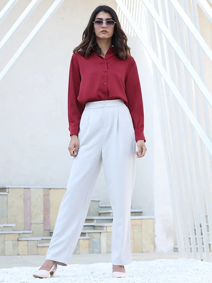 Red Solid Satin Relaxed Fit Shirt - Global Republic