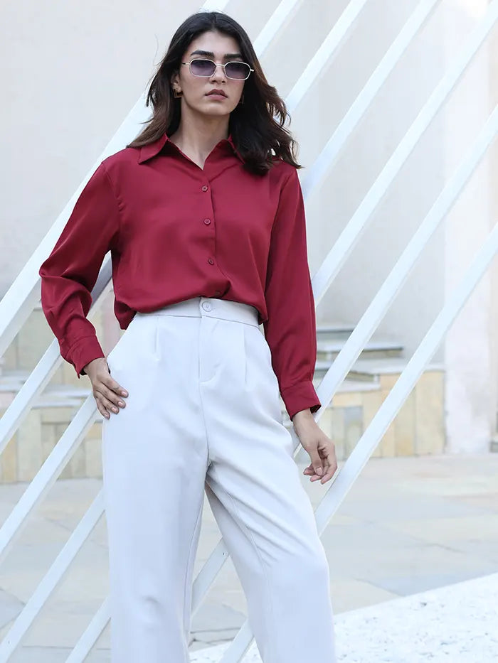 Red Solid Satin Relaxed Fit Shirt - Global Republic