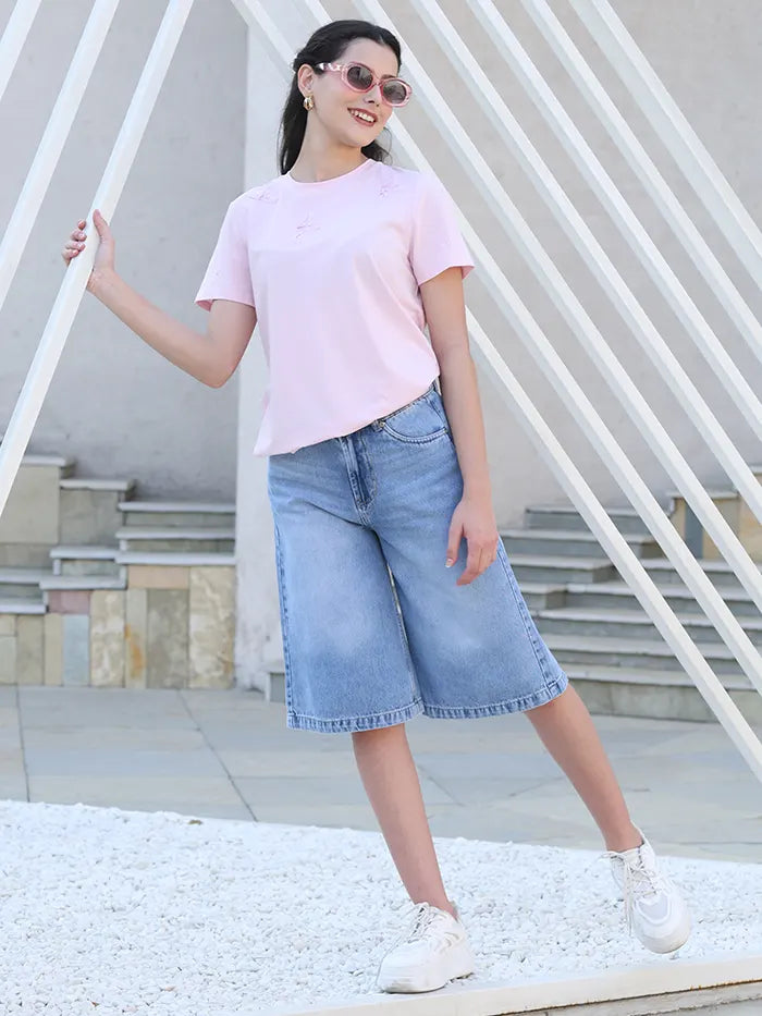 Blue Solid Cotton Blend Loose Culottes - Global Republic