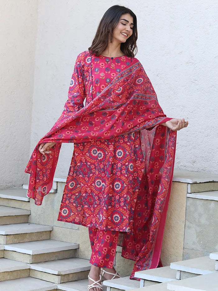 Magenta Floral Embroidered Suit Set - Global Republic