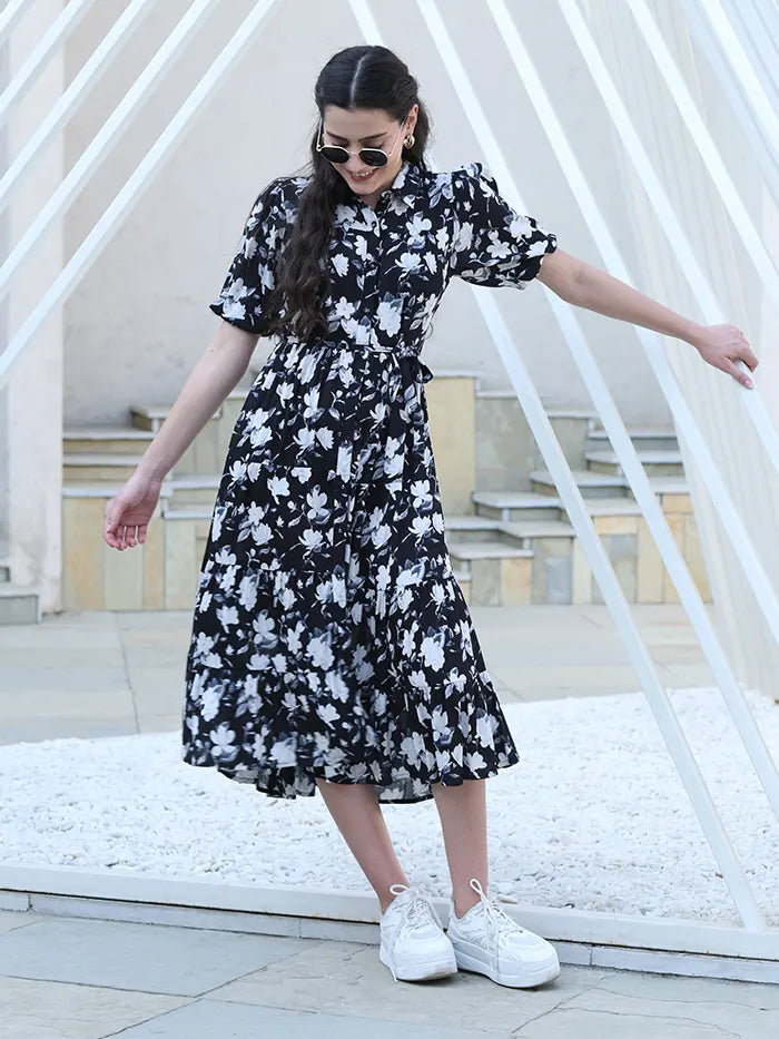 Black Floral Print Rayon Fit & Flare Dress - Global Republic