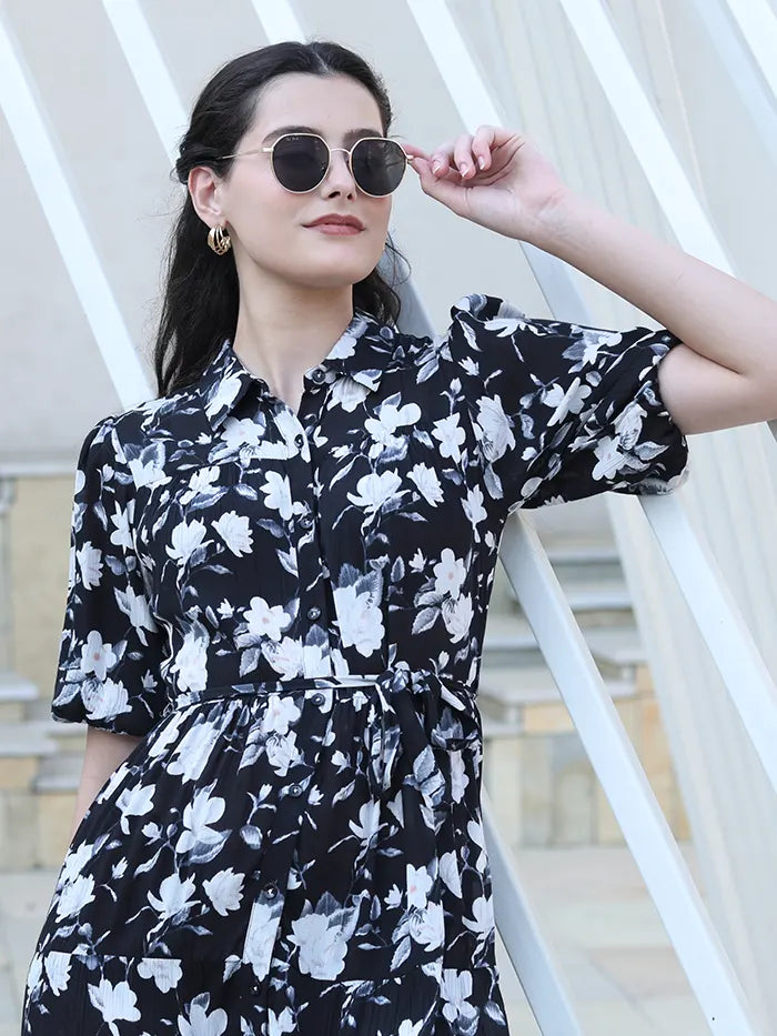 Black Floral Print Rayon Fit & Flare Dress - Global Republic