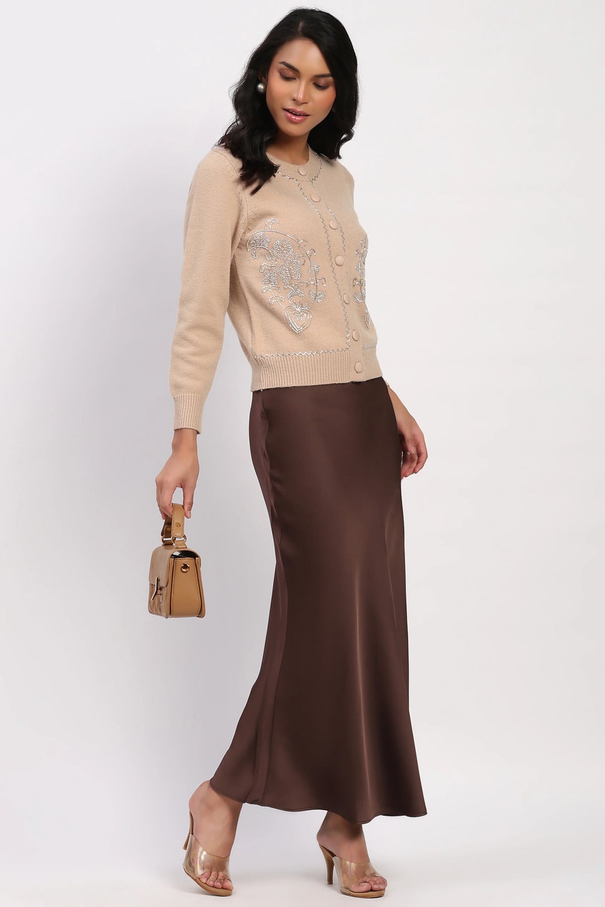 Coffee Brown Satin Skirt-Global Republic