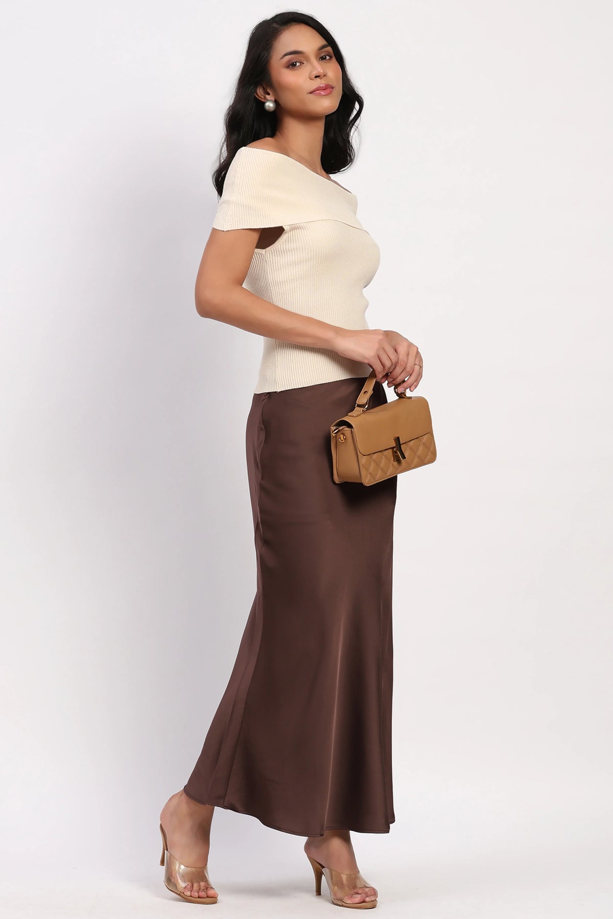 Coffee Brown Satin Skirt-Global Republic