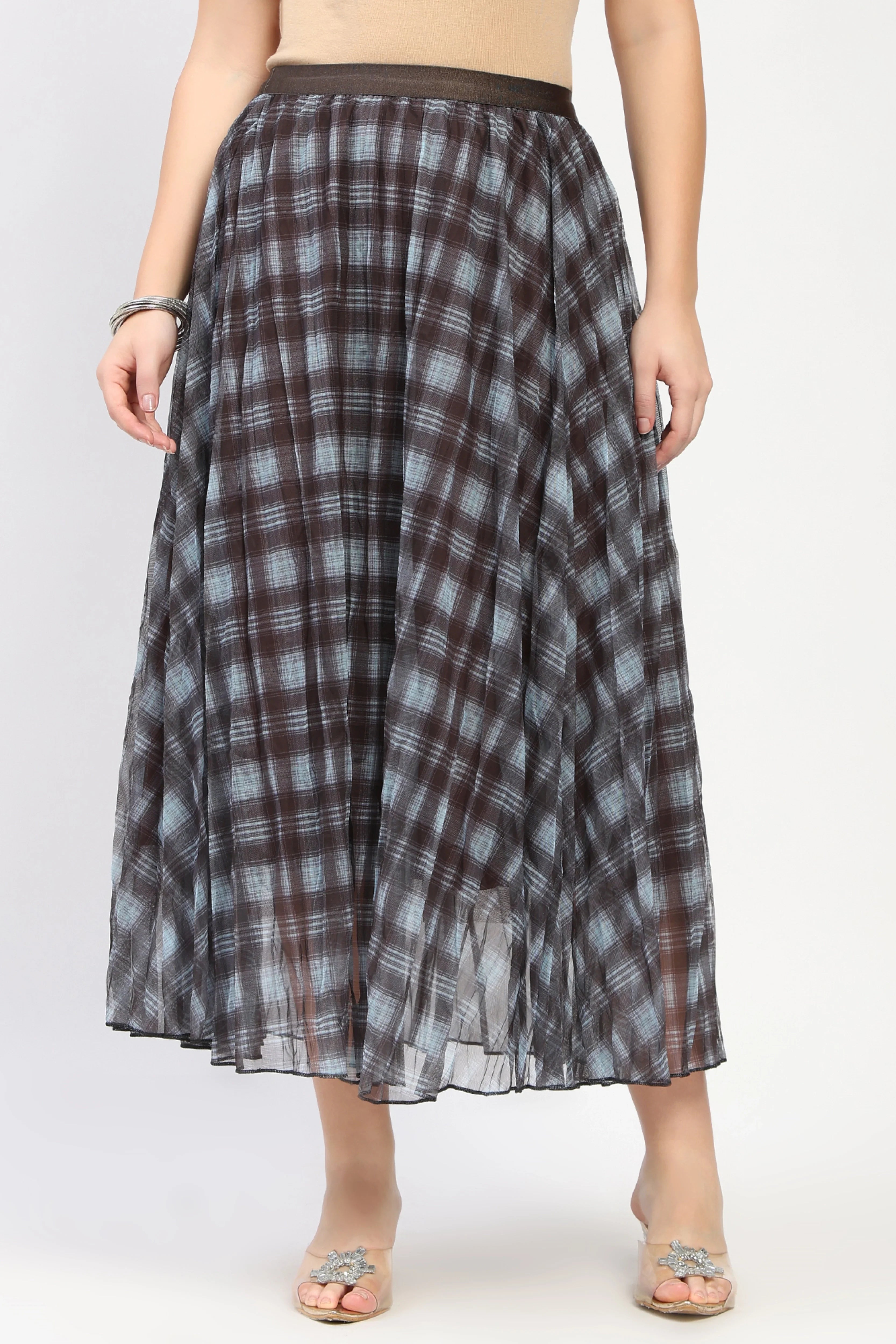 Coffee Check Flared Midi Skirt-Global Republic