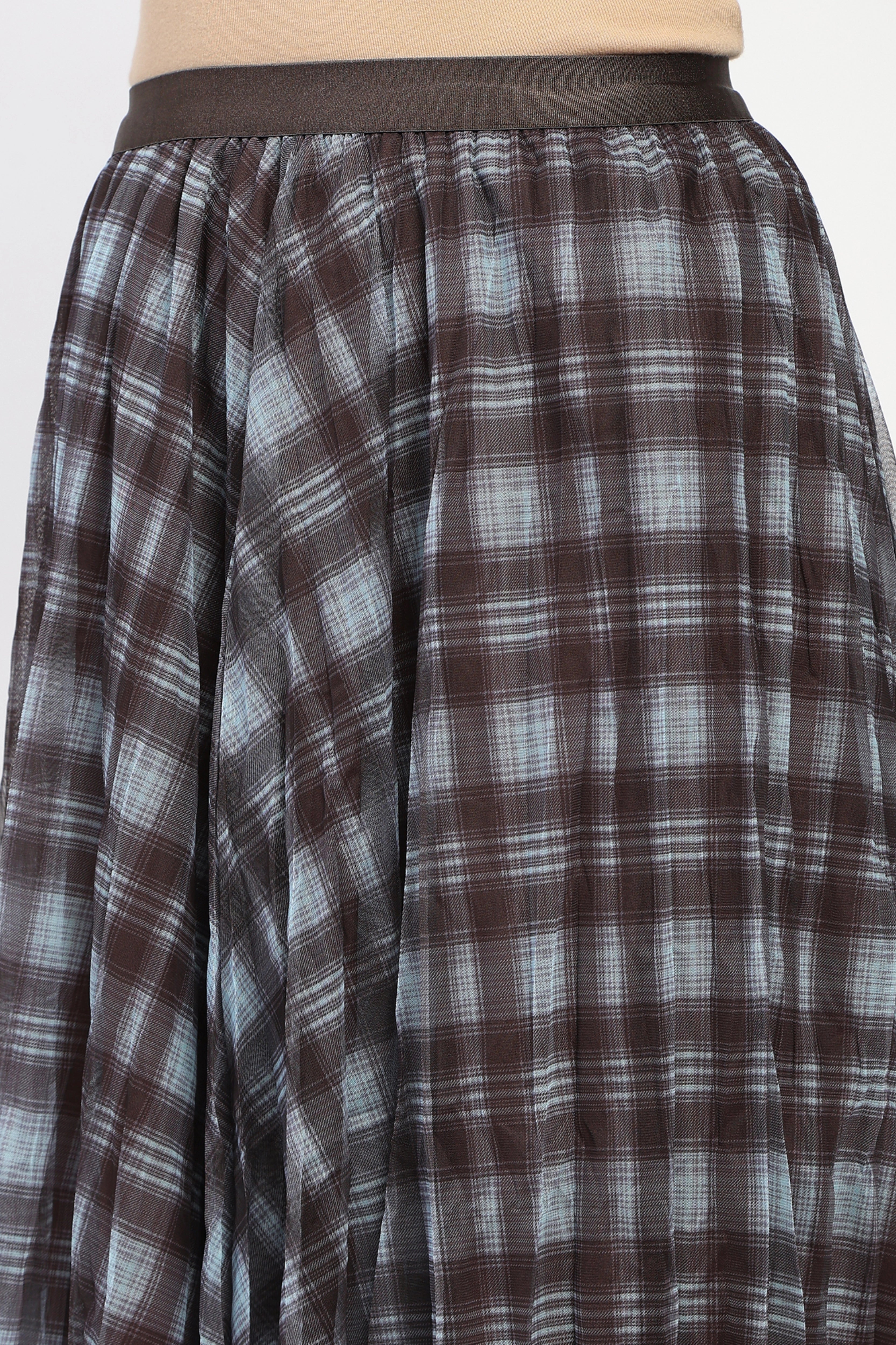 Coffee Check Flared Midi Skirt