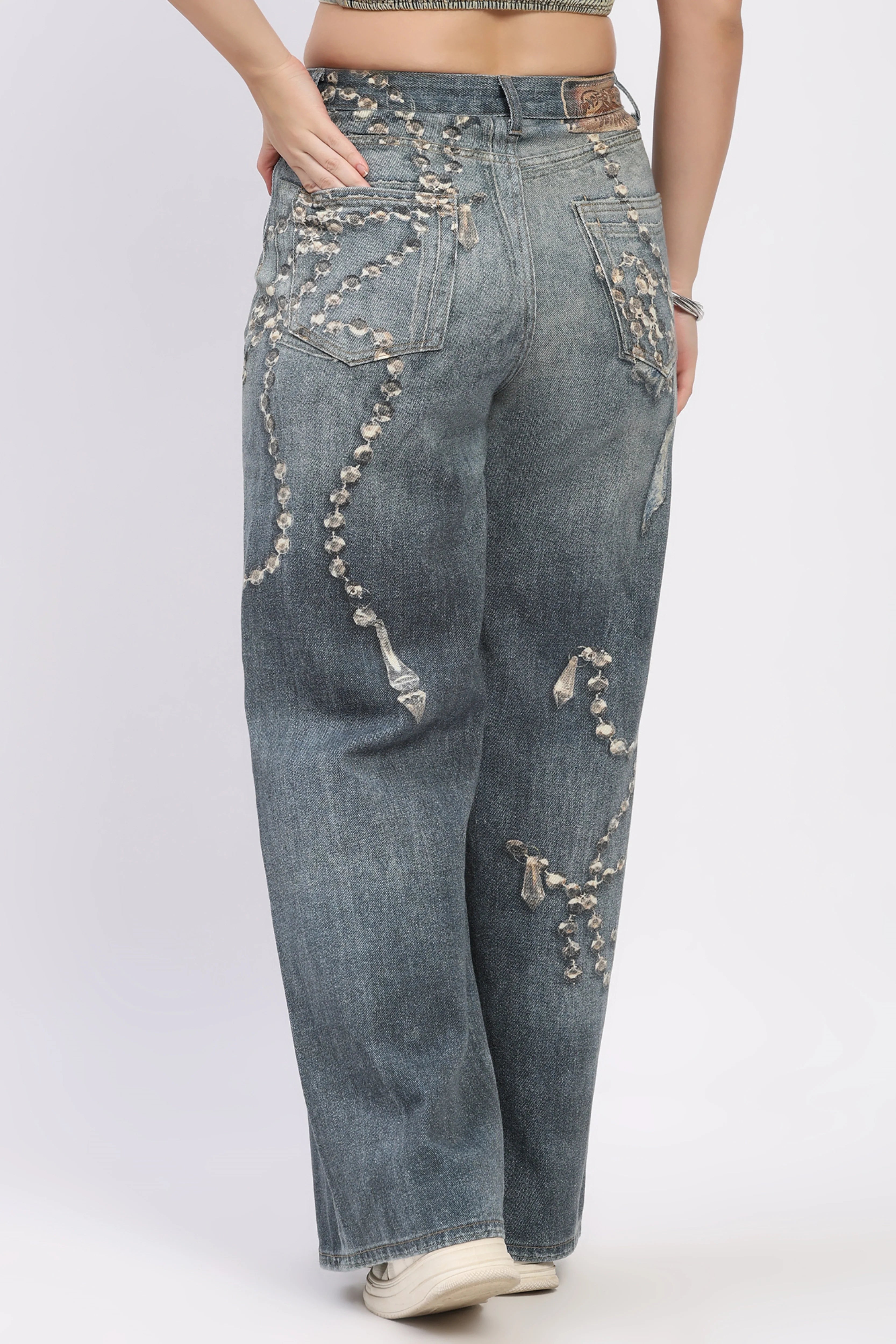 Blue Bow Print Wide-Leg Jeans-Global Republic