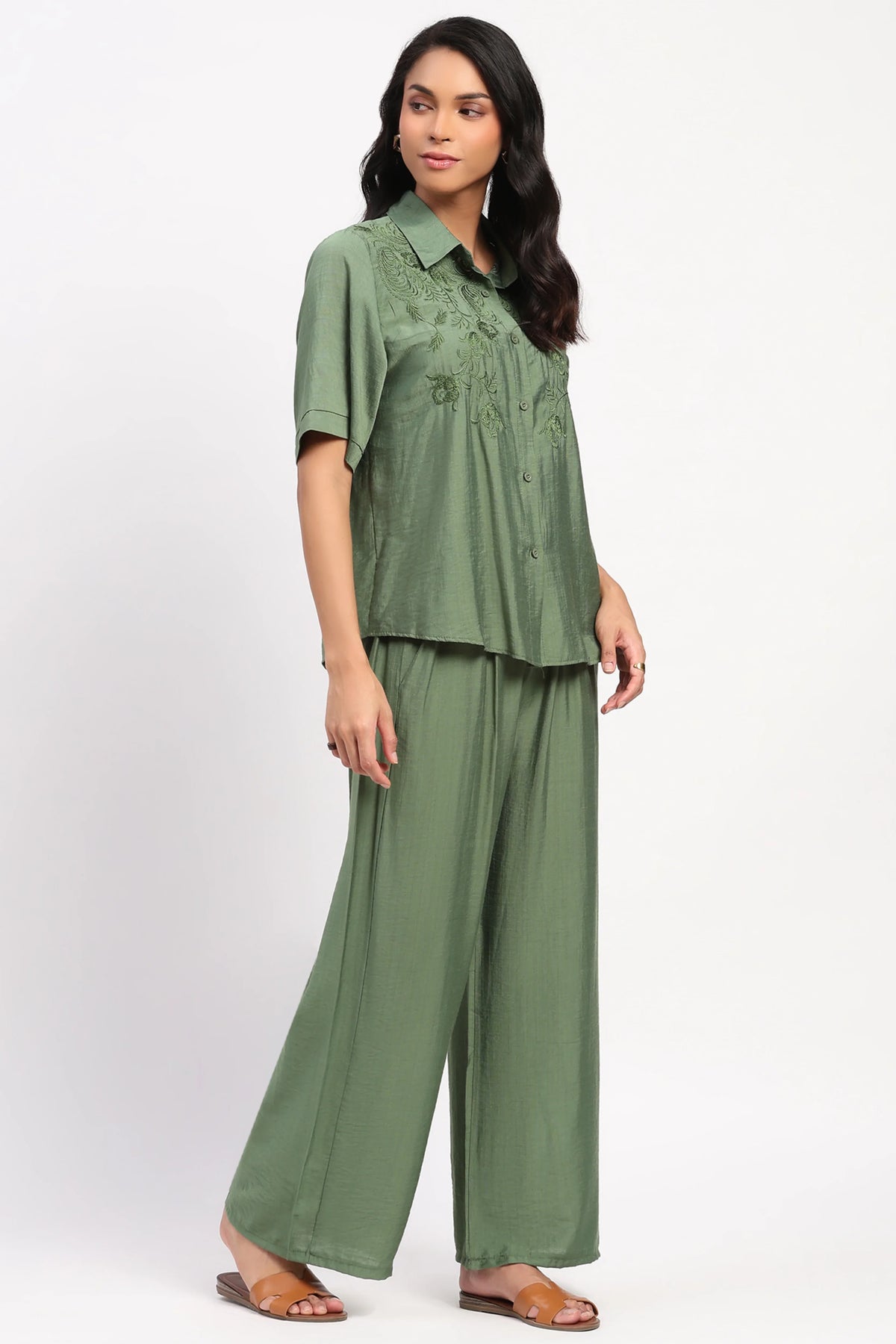 Green Floral Embroidered Set-Global Republic