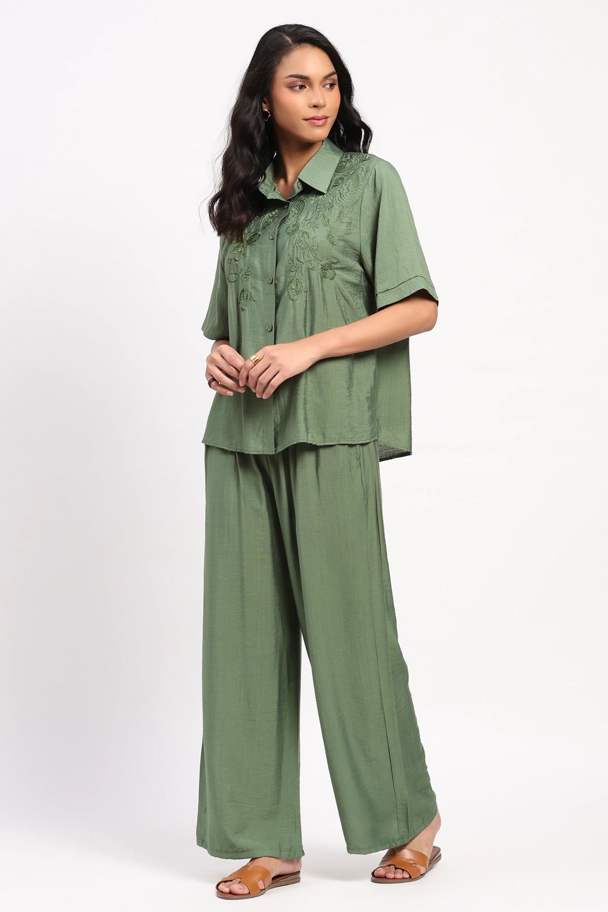 Green Floral Embroidered Set-Global Republic