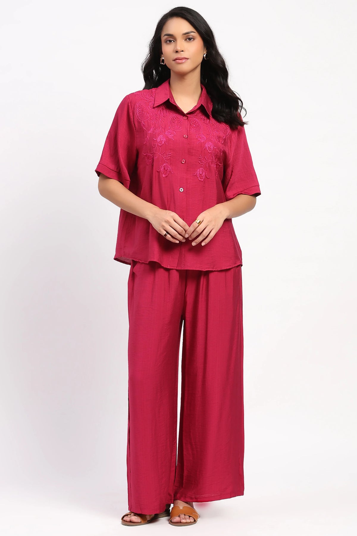 Magenta Floral Embroidered Set-Global Republic