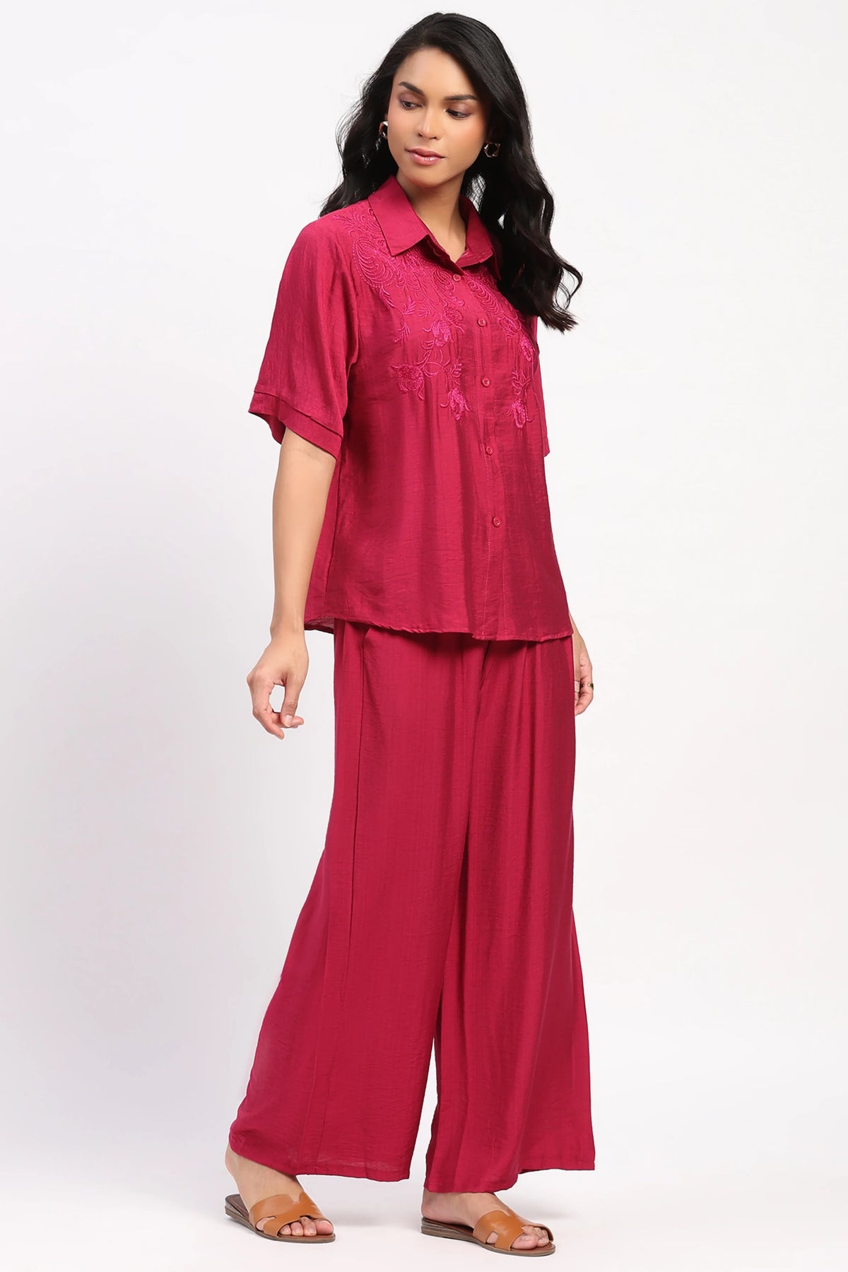 Magenta Floral Embroidered Set-Global Republic