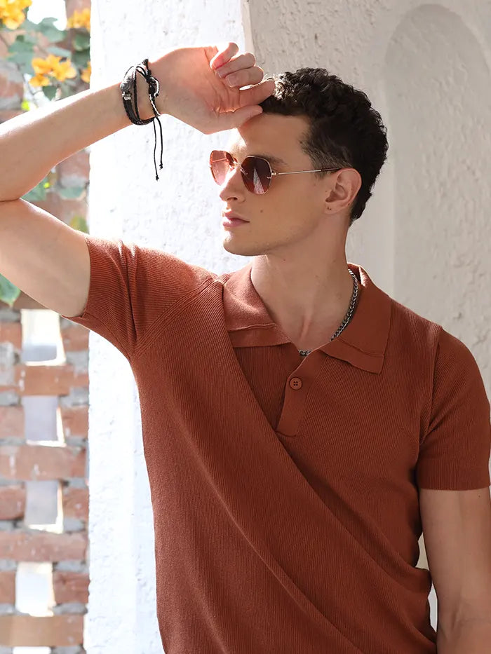 Rust Textured Cotton T-Shirt - Global Republic