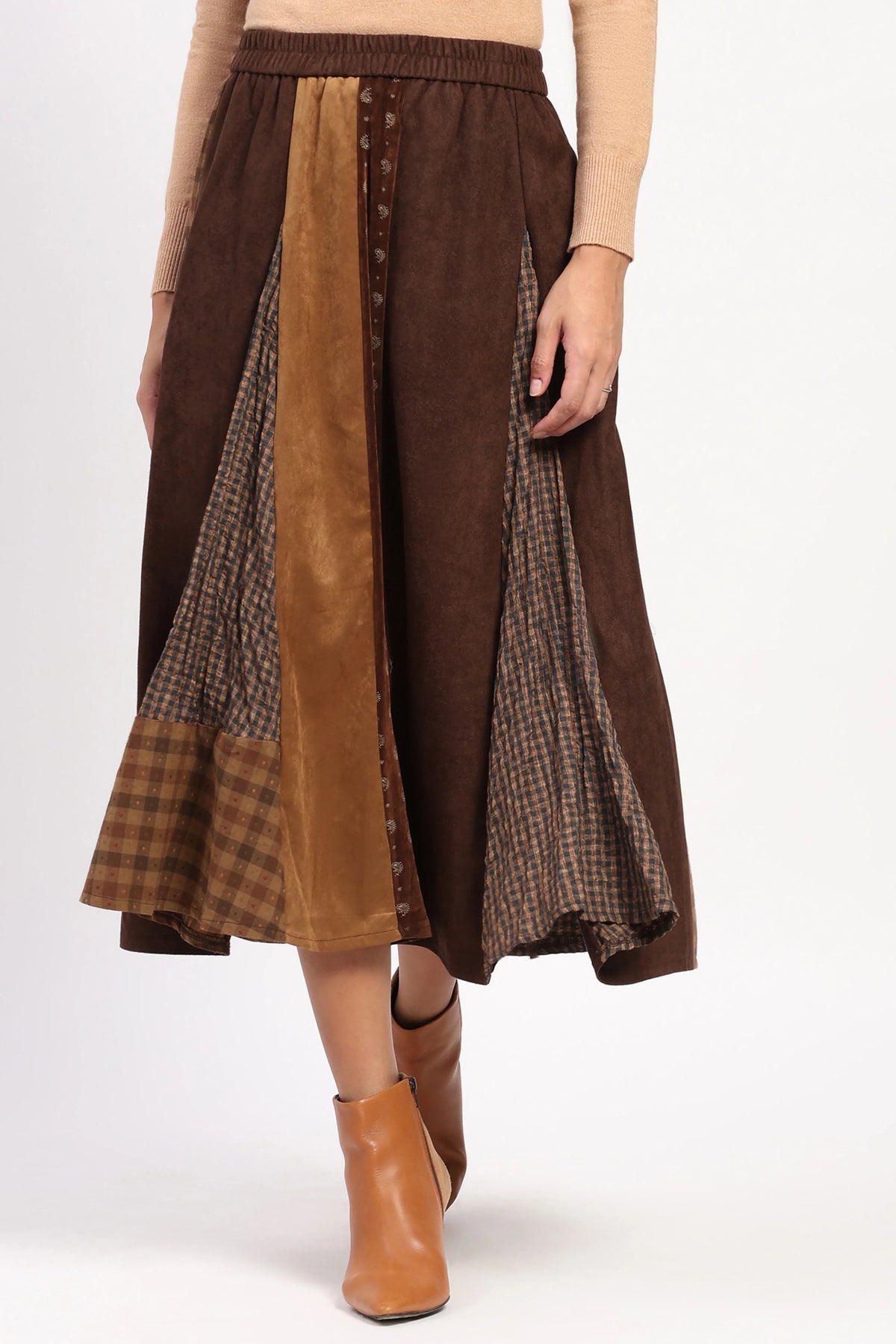 Brown Colour-Block Check Flared Skirt-Global Republic