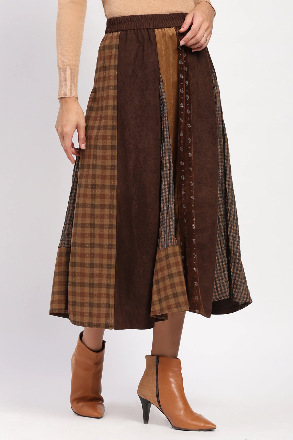 Brown Colour-Block Check Flared Skirt-Global Republic