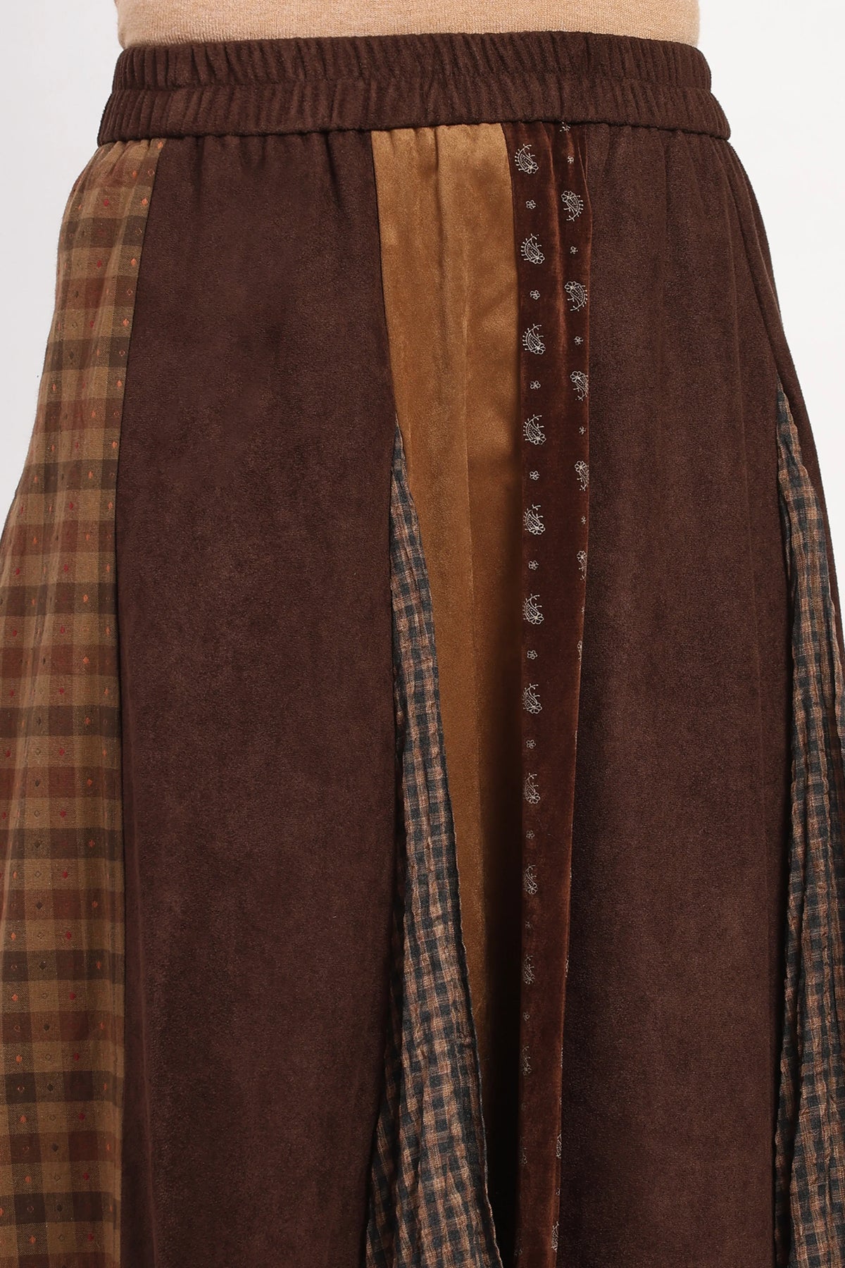Brown Colour-Block Check Flared Skirt-Global Republic