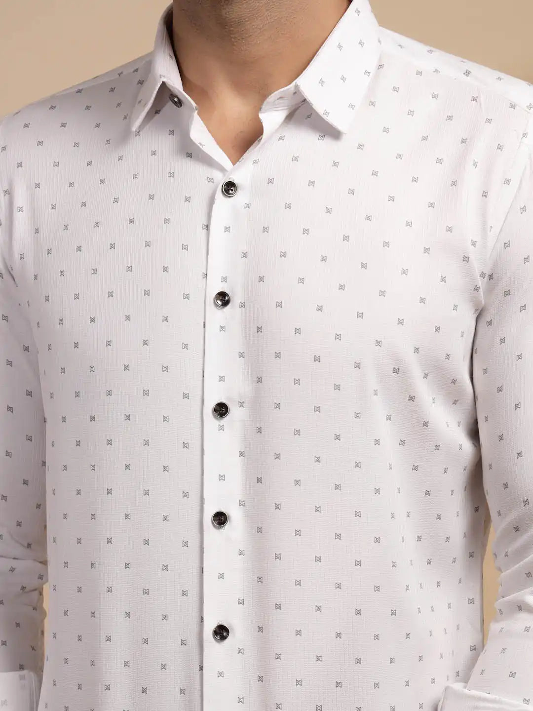 White Printed Full Sleeve Collared Neck Polyester Blend Shirt