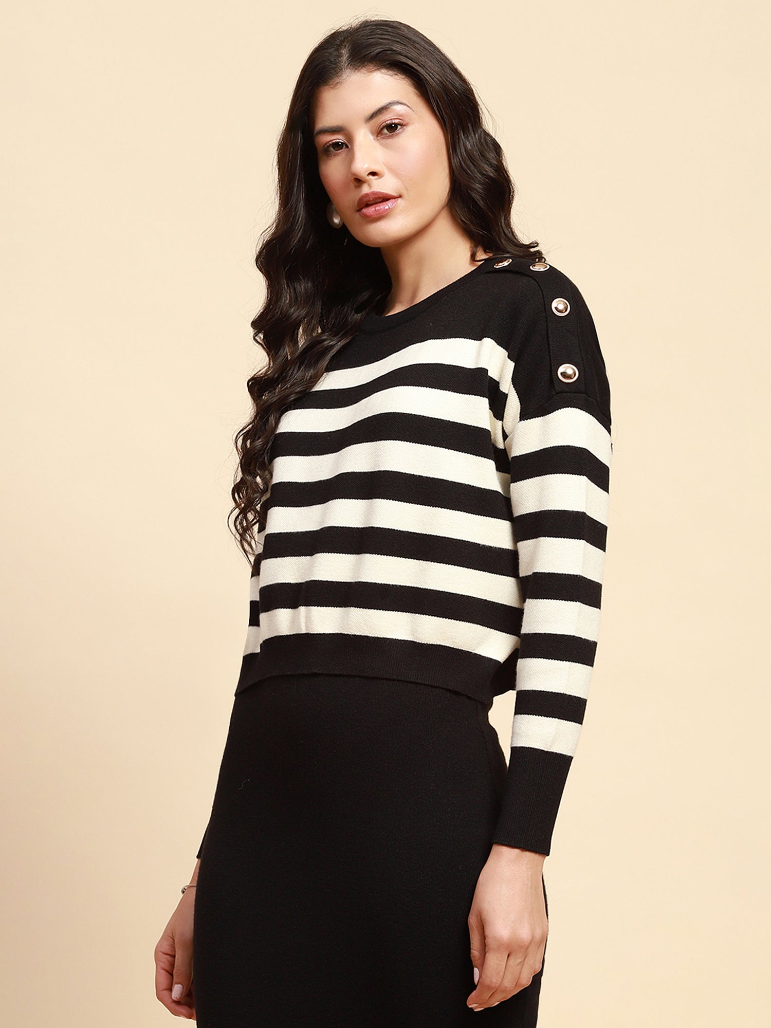 Black Viscose Blend Boxy Fit Crop Pullover For Women-Combo Set Testing - Global Republic