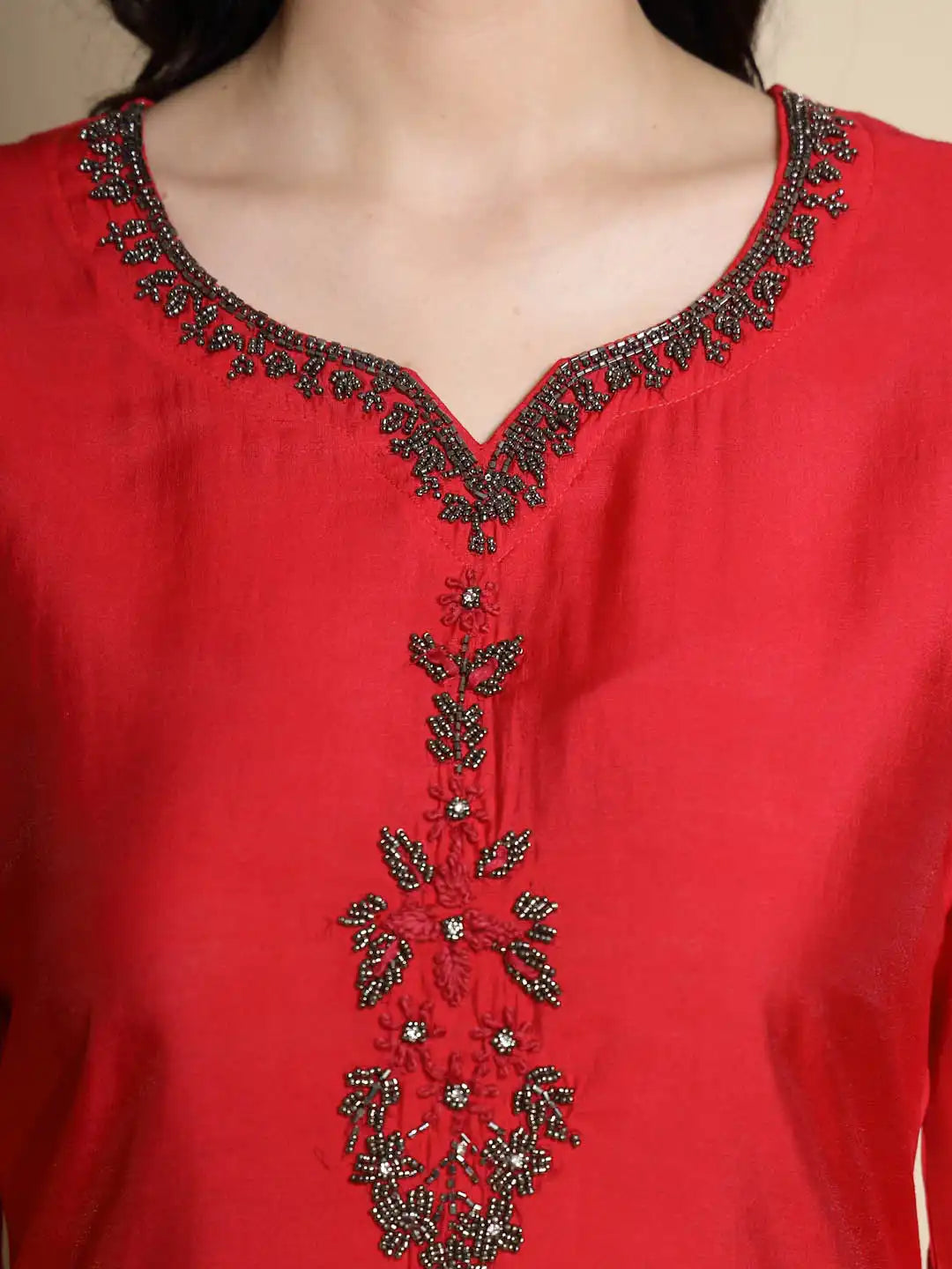 Red Embroidered Three Quarter Sleeves Round With V Neck Cotton Blend Kurta - Global Republic