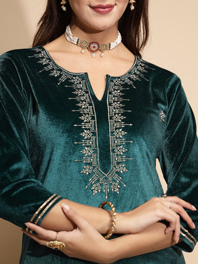 Green Embroidery Full Sleeve V-Neck With Velvet Kurta For Women