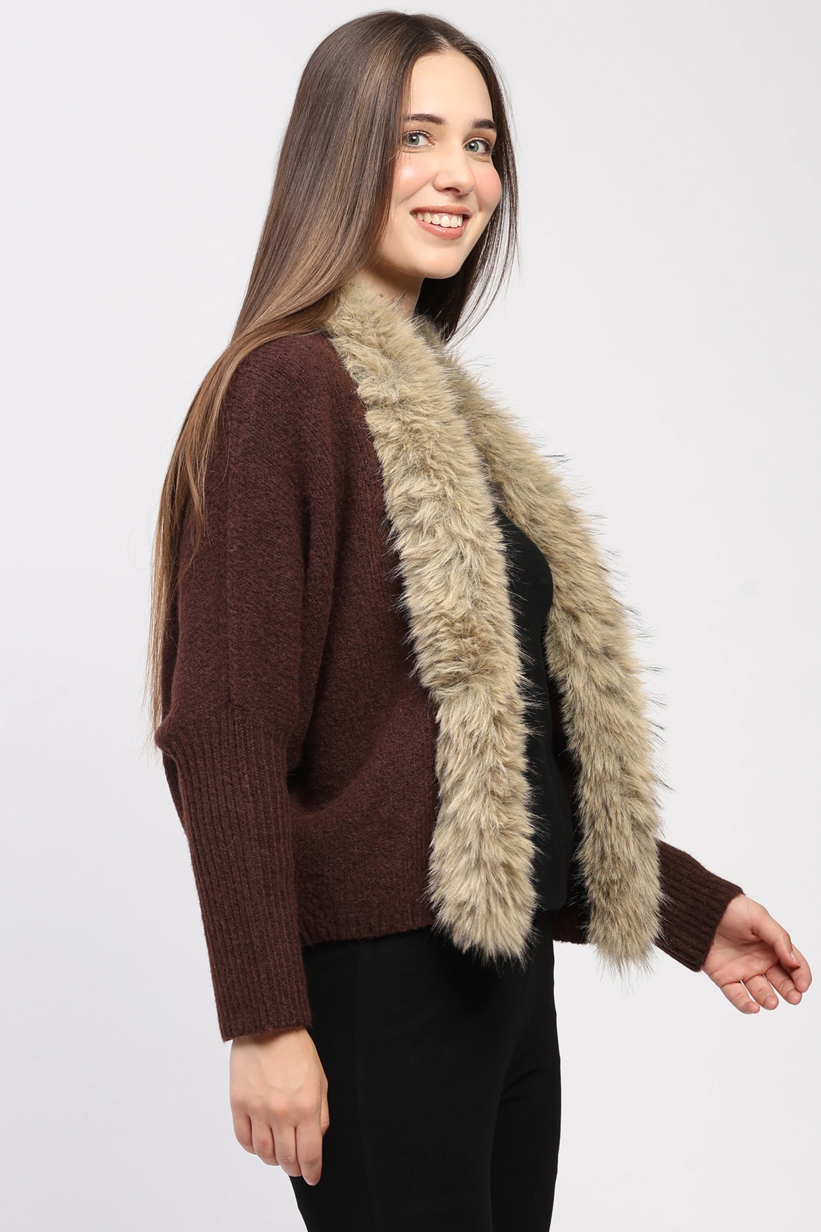 Fur-Trimmed Coffee Brown Winter Shrug